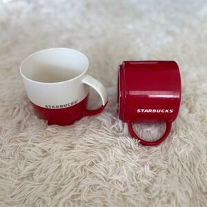 Starbucks Red White Coffee Mugs Set of 2‎ Christmas Holiday Ceramic